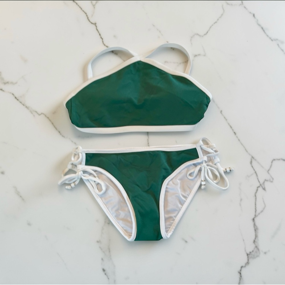 Shoshanna Swimwear Solid Palm Crossover Halter Bikini 2 Pc Set Sz A/B Small NEW